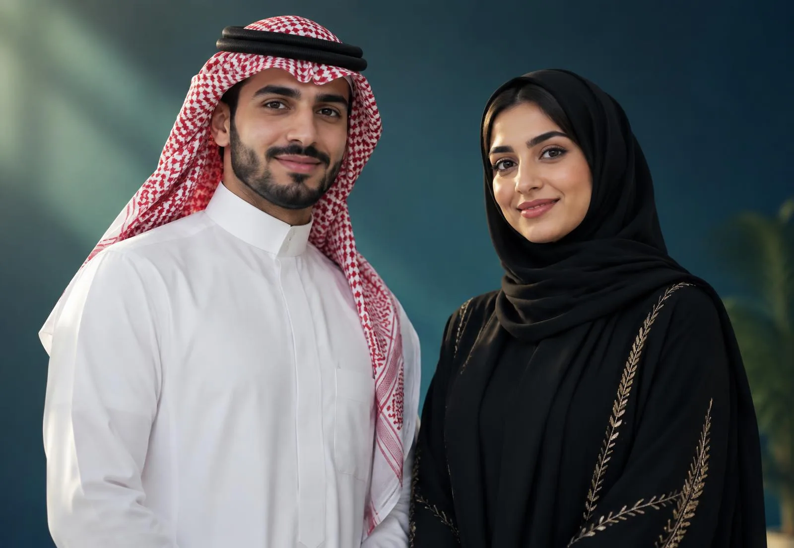 شاب وفتاة سعوديان أمام سيارات فاخرة وأفق مدينة سعودية عند الغروب